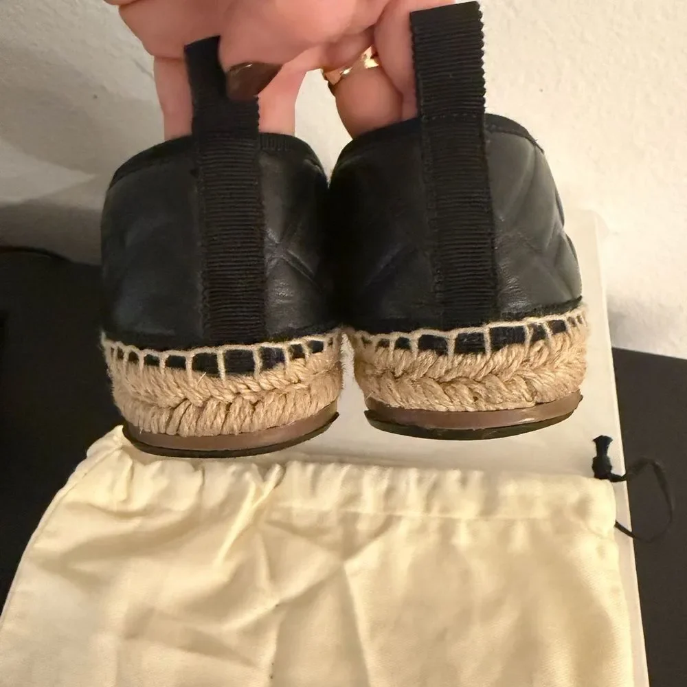 Fendi Black Leather FF Espadrille Flats Logo Jute Sole Size 36